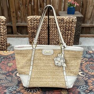 Coach F21959 Alexandra Tan/Cream Straw tote with Python trim
